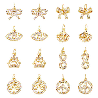 16 шт 8 стили латунные подвески из микропаве с фианитом, без свинца и без кадмия, долговечный, стойки покрытие, с целью перехода в кольце, разнообразные