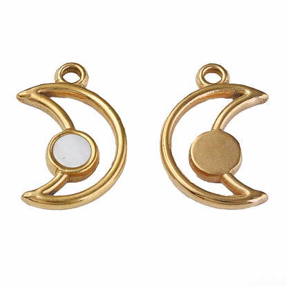 304 Stainless Steel Pendants, with Natural White Shell, Moon