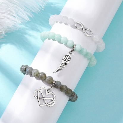 3шт. браслеты из сплава со звеньями и подвесками, Браслеты из натуральных малайзийских нефритов, лабрадорита и белого нефрита, круглые бусины, эластичные для женщин, бесконечность, крыло и сердце