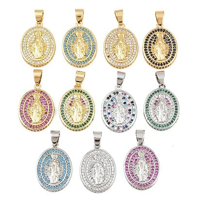 Brass Micro Pave Cubic Zirconia Pendants, Oval with Virgin Mary Charms, Cadmium Free & Lead Free, Rack Plating, Long-Lasting Plated