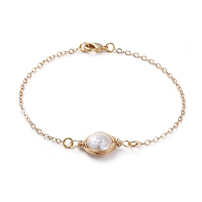 Link Bracelets, with Natural Baroque Pearl Keshi Pearl Beads, Copper Wire, Brass Cable Chains and Lobster Claw Clasps, with Cardboard Packing Box