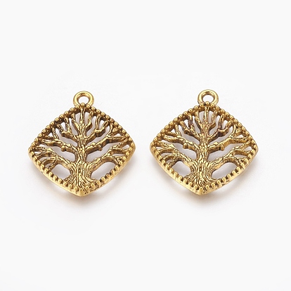 De style tibétain pendentifs d'arbres en alliage, sans plomb et sans cadmium, losange, 23x20x2mm, Trou: 2mm