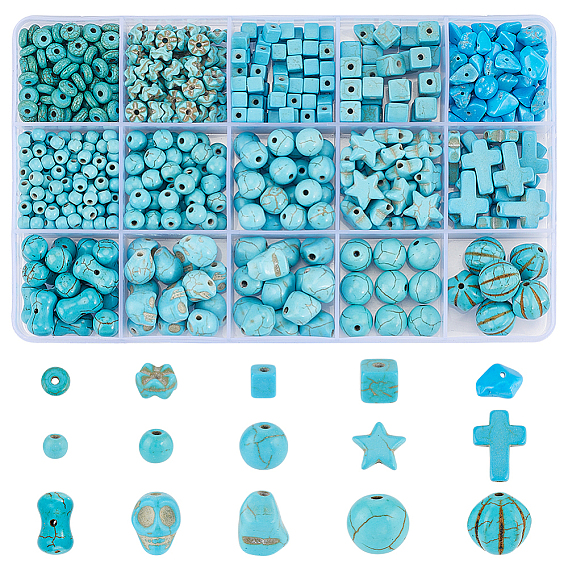 15 Наборы бусин из синтетической бирюзы и натурального магнезита, окрашенные, разнообразные