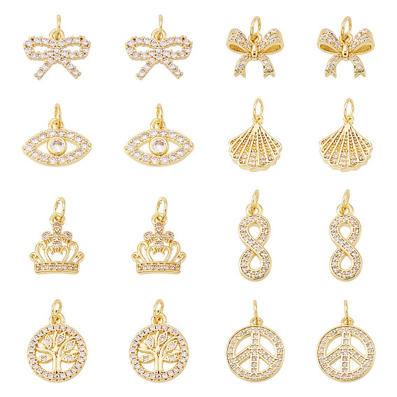 16 шт 8 стили латунные подвески из микропаве с фианитом, без свинца и без кадмия, долговечный, стойки покрытие, с целью перехода в кольце, разнообразные