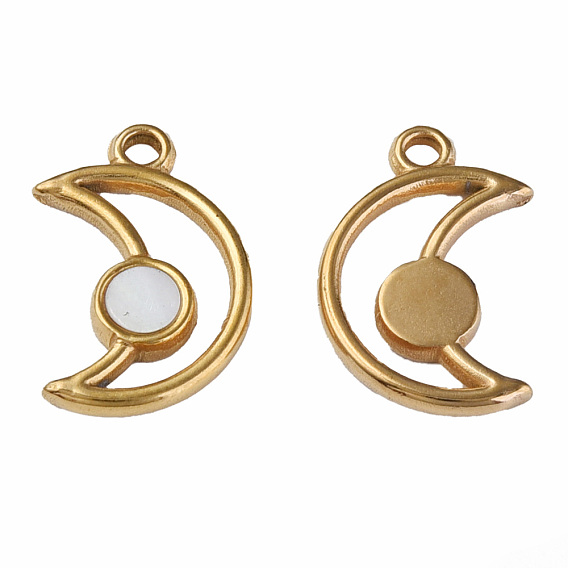304 Stainless Steel Pendants, with Natural White Shell, Moon