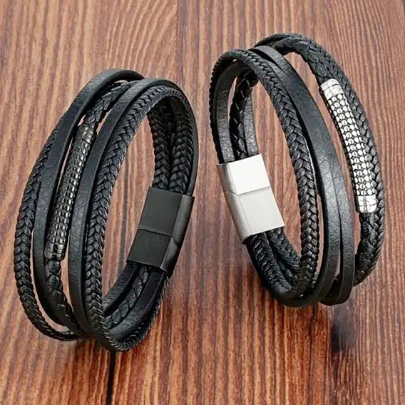 Braided Black Imitation Leather Multi-Strand Bracelets with 316L Stainless Steel Magnetic Clasps for Men