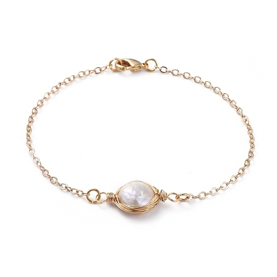 Link Bracelets, with Natural Baroque Pearl Keshi Pearl Beads, Copper Wire, Brass Cable Chains and Lobster Claw Clasps, with Cardboard Packing Box