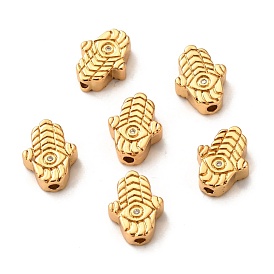 Brass Micro Pave Clear Cubic Zirconia Beads, Long-Lasting Plated, Hamsa Hand/Hand of Miriam with Eye