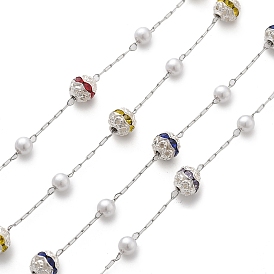 Круглые цепочки ручной работы из искусственного жемчуга и страз из АБС-пластика, для ожерелья браслеты решений, с 304 цепями из нержавеющей стали, пайки, с катушкой