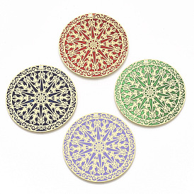 Brass Enamel Pendants, Etched Metal Embellishments, Matte Gold Color, Flat Round with Flower