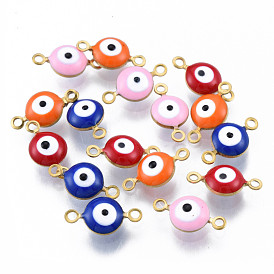 304 Stainless Steel Enamel Connector Charms, Real 18K Gold Plated, Flat Round with Evil Eye