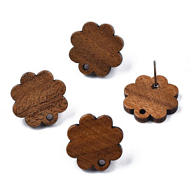 Walnut Wood Stud Earring Findings, with Hole and 304 Stainless Steel Pin, Flower