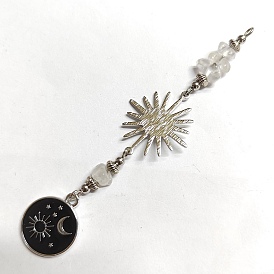 Natural Quartz Crystal Chip Big Pendants, Brass Sun Charms with Flat Round Alloy Enamel Ornament, Platinum