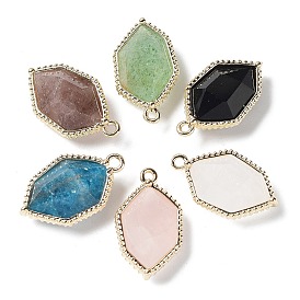 Gemstone Pendants, Faceted Hexagon Charms with Rack Plating Golden Plated Brass Edge Loops