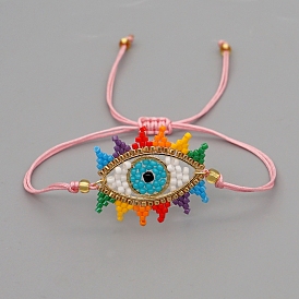 Friendship Evil Eye Loom Pattern Seed Beads Bracelets for Women, Adjustable Nylon Cord Braided Bead Bracelets