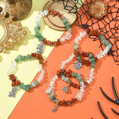 5 pcs 5 styles aventurine verte naturelle et jaspe rouge naturel et puces de verre ensembles de bracelets extensibles en perles, Bracelets empilables à breloques en alliage de noël pour femmes