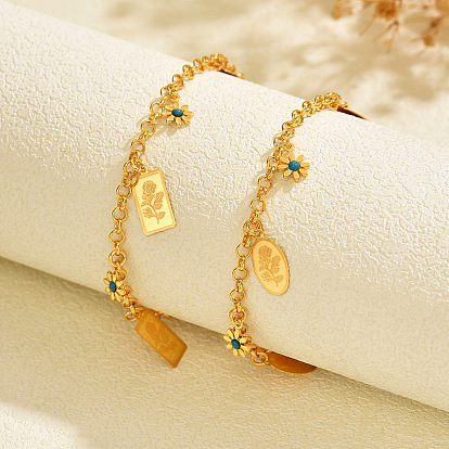 Женские браслеты на лодыжку с подвеской в виде цветка из латуни и эмали темно-голубого цвета, реальный 18 k позолоченный