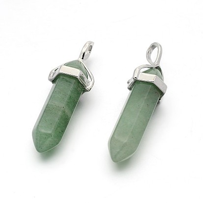 Gemstone Bullet Double Terminated Pointed Pendants, with Platinum Plated Alloy Findings, 38~41x13x10mm, Hole: 5x3mm