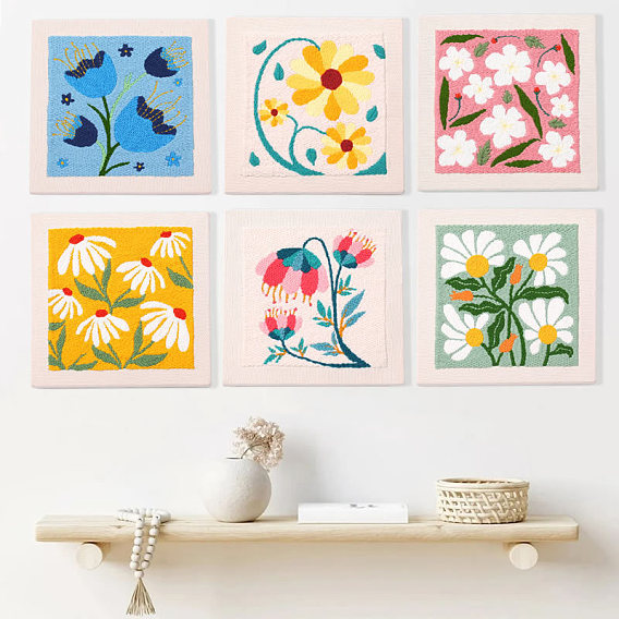 Flower Pattern Punch Embroidery Beginner Kits, including Embroidery Cloth & Thread, Punch Needle Pen, Photo Frame, Instruction Sheet