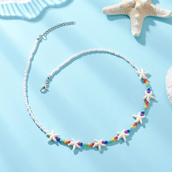 Ожерелья из синтетических морских звезд и стеклянных бусин с чакрами, с 304 концевыми цепями из нержавеющей стали, цвет нержавеющей стали