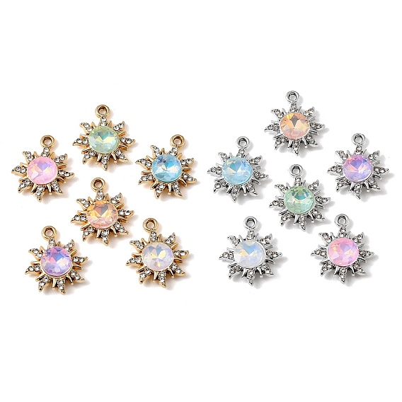 UV Plating Alloy Glass Pendants, Sun Charm, with Rhinestone, Faceted, Mixed Color