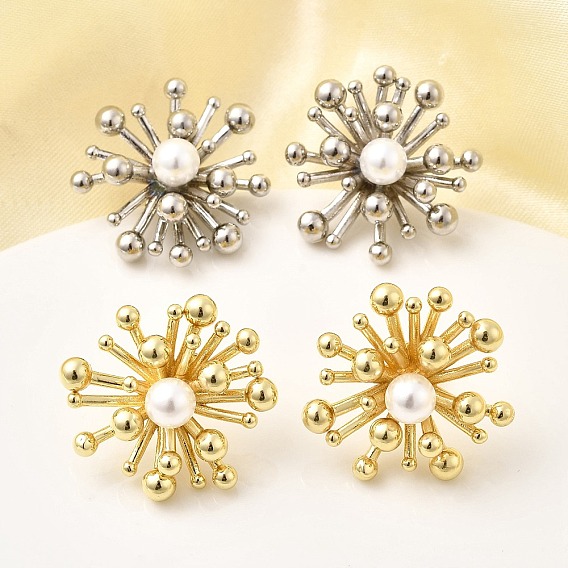 Серьги-гвоздики в виде цветка из латуни, с пластмассовой жемчужиной abs, долговечный, стойки покрытие