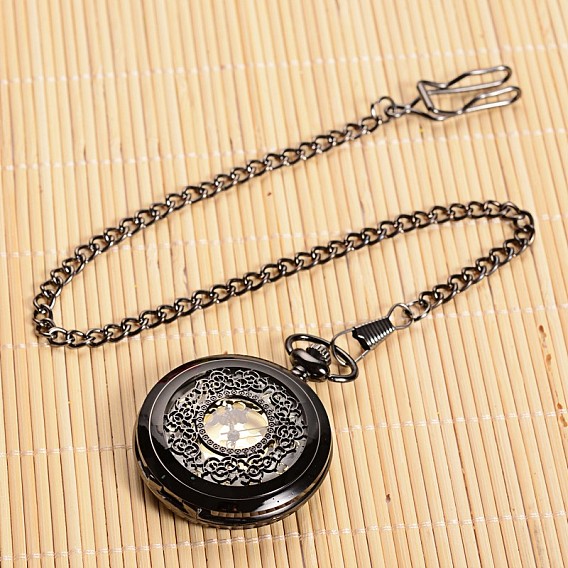 Openable Flat Round Alloy Pendant Pocket Watch, Quartz Watches, with Iron Chain, 355mm, Watch: 59x47x14mm