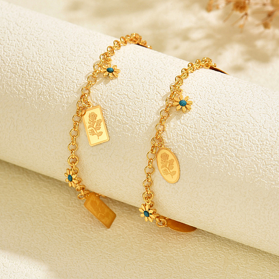 Женские браслеты на лодыжку с подвеской в виде цветка из латуни и эмали темно-голубого цвета, реальный 18 k позолоченный