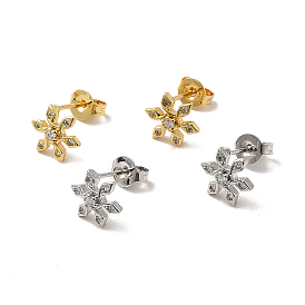 Rack Plating Brass Micro Pave Clear Cubic Zirconia Snowflake Ear Studs, Long-Lasting Plated, Cadmium Free & Lead Free