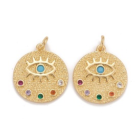 Brass Micro Pave Colorful Cubic Zirconia Pendants, Cadmium Free & Nickel Free & Lead Free, Flat Round with Eyes