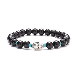 Bracelet extensible en bois naturel et turquoise synthétique (teint) avec alliage 3d bouddha, bijoux de yoga pour femmes