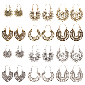 12 пары 12 серьги-кольца из сплава в стиле бохо с ажурными сердечками, цветками, каплями и плоскими круглыми бусинами, железные украшения для женщин