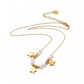Ion Plating(IP) 304 Stainless Steel Star Pendant Necklaces, Plastic Round Bead Necklaces for Women