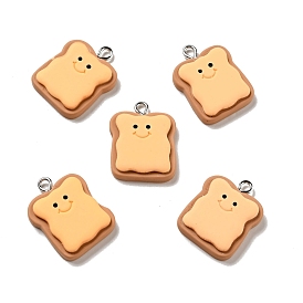 Opaque Resin Pendants, Bread with Smiling Face Charm, Imitation Food, with Platinum Tone Iron Loops
