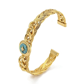Synthetic Turquoise Open Cuff Bangles, 304 Stainless Steel Braided Bangles for Women