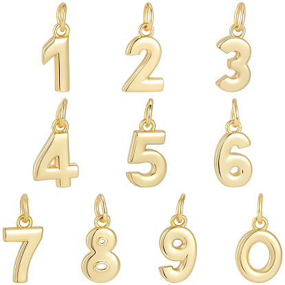 10Pcs 10 Styles Brass Charms, Number, with Jump Ring