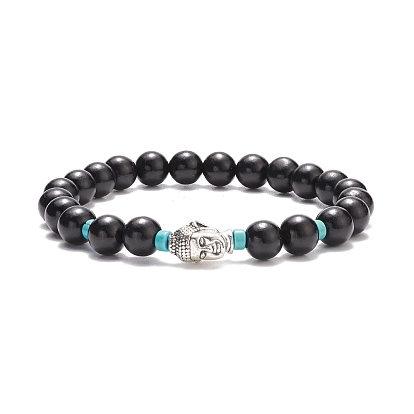 Bracelet extensible en bois naturel et turquoise synthétique (teint) avec alliage 3d bouddha, bijoux de yoga pour femmes