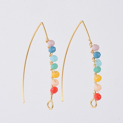 304 Stainless Steel Earring Hooks, with Faceted Rondelle Glass Beads and Horizontal Loop, Golden