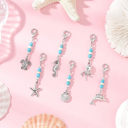 Подвесные украшения из сплава в тибетском стиле с тематикой океана, с синтетическими бирюзовых бусин и когтя омара застежками