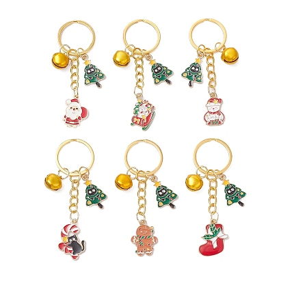6 шт. рождественские украшения из эмалевого сплава, с железными кольцами для ключей и алюминиевыми колокольчиками, разнообразные, золотые