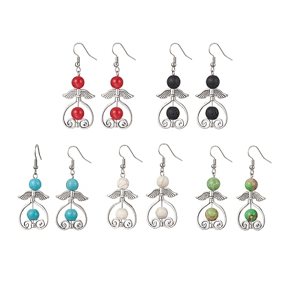 5 pares 5 estilos aretes colgantes con cuentas redondas de piedras preciosas mixtas naturales y sintéticas, Pendientes colgantes de hadas con forma de corazón de aleación de plata antigua