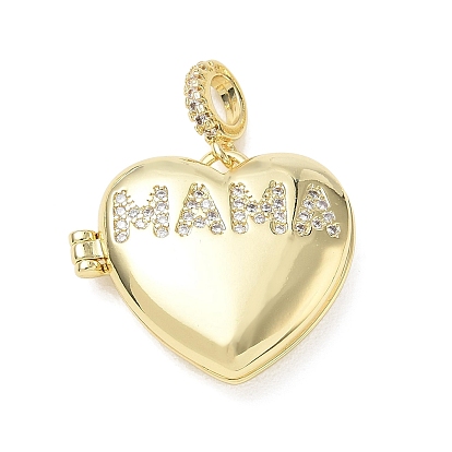 Mother's Day Brass Micro Pave Clear Cubic Zirconia Locket Pendants, Heart with Word MAMA Charms, Long-Lasting Plated, Rack Plating, Lead Free & Cadmium Free