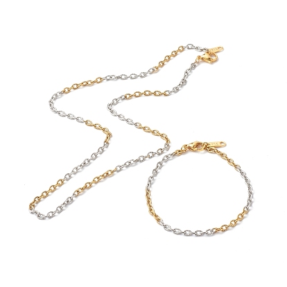 Two Tone 304 Stainless Steel Cable Chain Bracelet & Necklace Sets