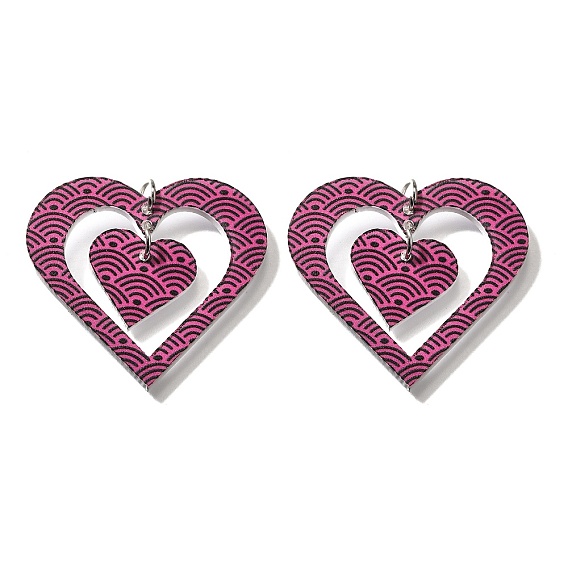 Печатные акриловые подвески, сердце, с платиновой петлей