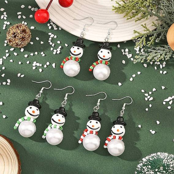 Pendientes colgantes de murano hecho a mano de navidad, muñeco de nieve, con granos de acrílico de la perla imitado, cuentas de vidrio y pendientes de acero inoxidable