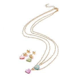 Synthetic Shell Heart Pendant Double Layer Necklaces and Dangle Stud Earrings, Gold Plated 304 Stainless Steel Jewelry Sets for Women, Ion Plating(IP)