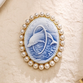 Resin Pin, Alloy Brooch for Backpack Clothes, with Plastic Imitation Pearl Beads, Oval