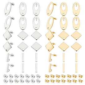 CHGCRAFT 36Pcs 3 Style 304 Stainless Steel Stud Earring Findings, with 40Pcs Ear Nuts, Oval & Rhombus & Rectangle