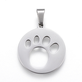304 Stainless Steel Pendants, Cut-Out, Flat Round with Dog Footprints