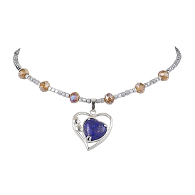 Немагнитные ожерелья из синтетического гематита и стеклянных бусин, Ожерелья с подвеской в форме сердца из натуральной лазури из латуни